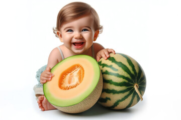 Fototapeta premium happy baby with a large slice melon isolated on a white background