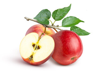 Two red apples with green leaf  and half sliced isolated on white background.