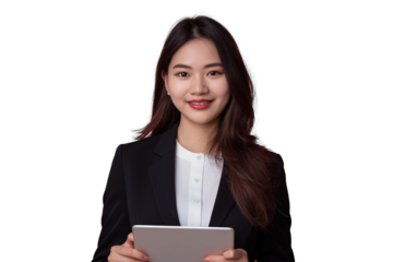 PNG happy young asian business woman holding tablet on white transparent background