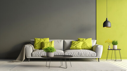 A modern pop of color with a lime green accent wall behind a sleek grey sofa, accented by a glass coffee table and a blank empty white frame mockup.