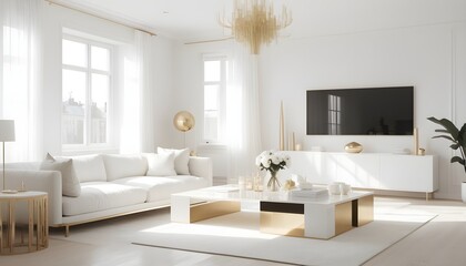 white and gold theme interior modern minimalism photo realism