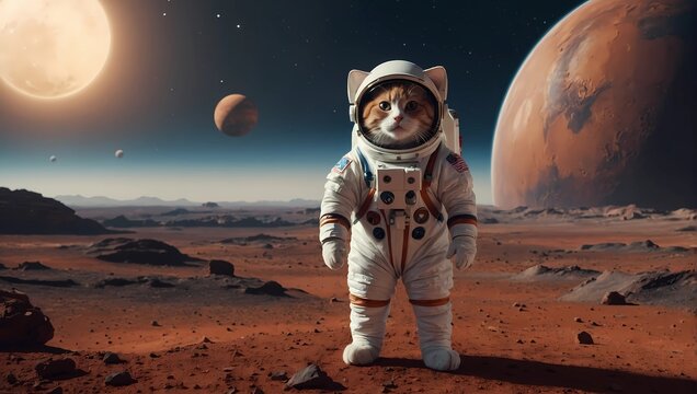 a cat standing on planet mars wearing an astronaut suit 