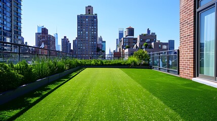 A large, rectangular area of green artificial grass on the roof top in downtown New York city with...