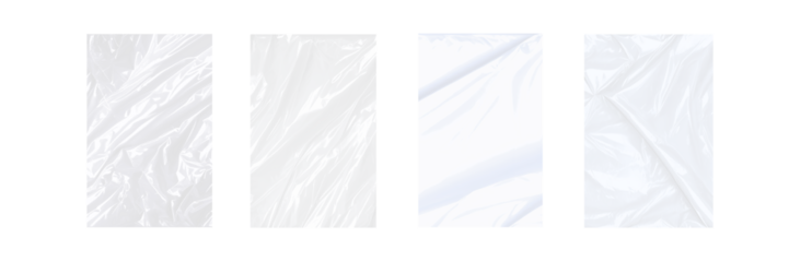 set / collection of transparent plastic wrap texture overlay effect. polyethylene wrapping stretch film background. Shrink crumpled plastic sleeve surface. Vector illustration