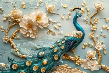 3d mural peacock illustration background with golden jewelry and flowers