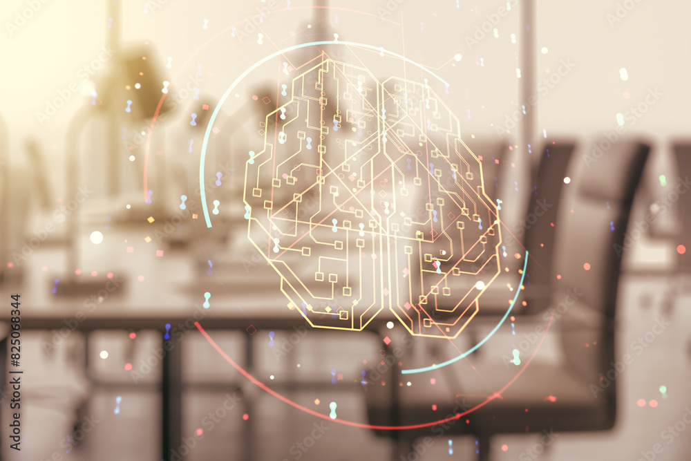 Aufkleber double exposure of creative artificial intelligence interface on modern corporate office background.