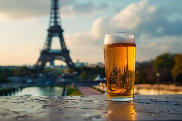 shot of a glass of beer against the background of the Eiffel Tower, empty space