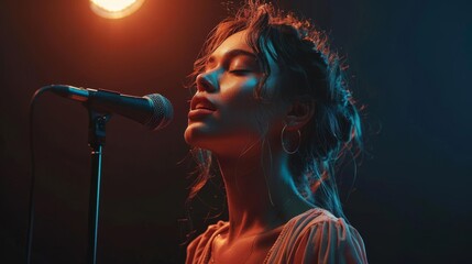 A young woman stands on a stage, singing into a microphone. She is wearing a white dress and has her eyes closed. The background is dark, with a single spotlight shining on her.