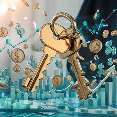 Loan, investment, real estate, and property concept - close-up of house keys. 3D rendering