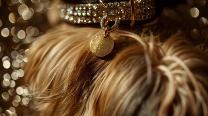 Golden shiny metal round tag on a sparkling diamonds collar, Yorkshire terrier dog, mockup without inscription, space for text. Template for selling products for animals, pets, grooming salon