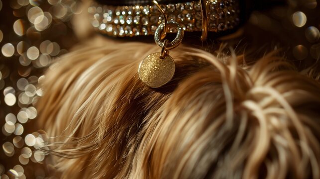 Golden shiny metal round tag on a sparkling diamonds collar, Yorkshire terrier dog, mockup without inscription, space for text. Template for selling products for animals, pets, grooming salon