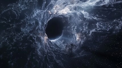 Event horizon. visualization of a black hole in space surrounded by glowing stars