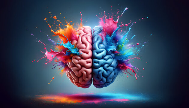 a human brain with colorful paint splashes exploding from it, symbolizing creativity and innovation. The brain is divided into two halves, with one side blue and the other pink.