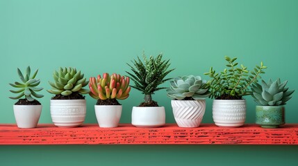 Potted plants arranged in a line on an orange shelf against a green wall, with each pot containing different types and sizes of succulents or cacti.
