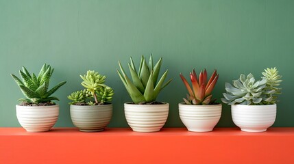 Fototapeta premium Potted plants arranged in a line on an orange shelf against a green wall, with each pot containing different types and sizes of succulents or cacti. 