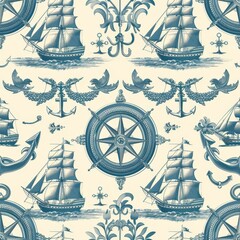 Vintage Nautical Seamless Pattern with 19th-Century Maritime Motifs

