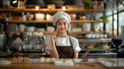 Fototapeta premium Cute Asian women chef smile and standing finger pose thinking idea, stand behind blank wooden cashier table. Generative AI.