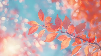 A photo of red and orange leaves on the branches, with a blurred background as sunlight shines through them, creating beautiful bokeh effects.
