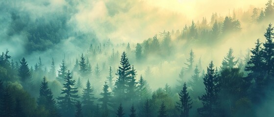 Foggy morning in the coniferous forest. Panoramic view of misty forest at sunrise. Pine trees silhouettes