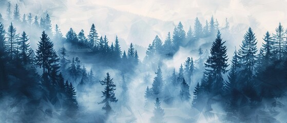 Foggy winter landscape with spruce forest and foggy mountains. Digital composite of foggy landscape with conifer trees in the mountains - Powered by Adobe