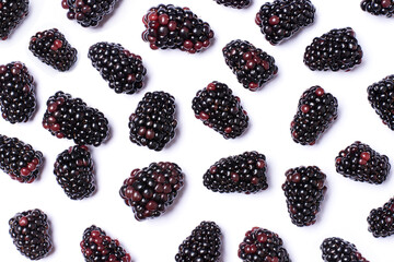 blackberries isolated on white background. Blackberry fruit pattern texture for background.