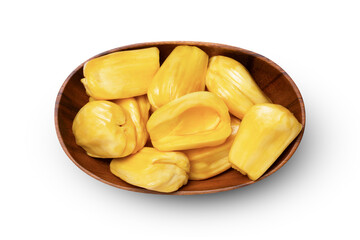 Ripe Jackfruit slice in wooden bowl isolated on white background with clipping path, top view, flat lay.