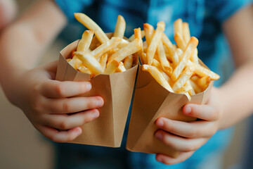 Children's hands hold French fries in a paper bag on a blurred background. The child holds French fries in his hand. Cheap food concept. Unhealthy food. Fast food. Lots of space for text. Banner