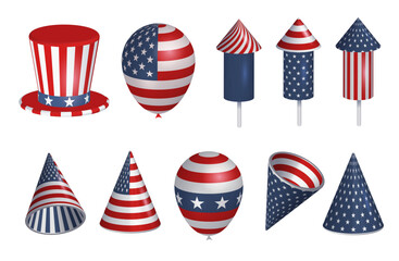 Set of 3d festive art objects for USA independence day. Render of fireworks, balloons, Uncle Sam hat in US flag patterns. American national celebration design elements. Vector realistic illustration