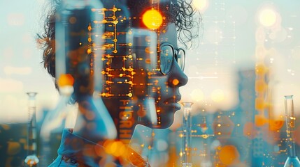 Student achieving academic excellence, receiving a top award for a science fair project, inspirational and commendable image Double exposure silhouette with science fair displays. Generative AI.