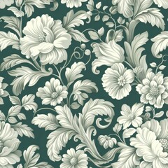 Rococo Style Seamless Pattern with Delicate Florals and Intricate Scrollwork

