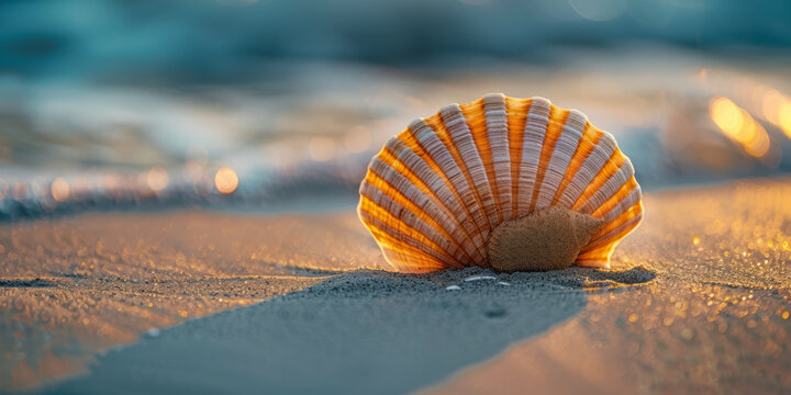 Scallop shell on the sand beach at sunset against blurred ocean background.