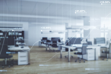 Obraz premium Abstract virtual analytics data spreadsheet on a modern furnished classroom background, analytics and analysis concept. Multiexposure