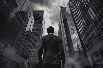 Urban Businessman at Crossroads Facing Critical Decision Point Amidst Skyscrapers Symbolizing Professional and Moral Dilemma in High-Contrast Grayscale Setting