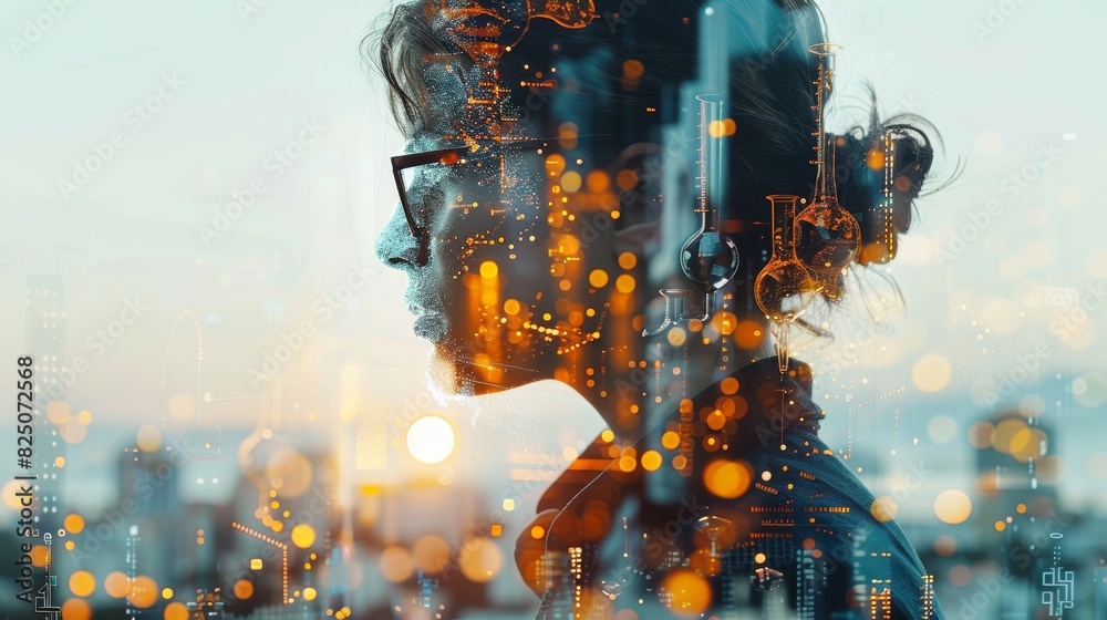 Poster Student achieving academic excellence, receiving a top award for a science fair project, inspirational and commendable image Double exposure silhouette with science fair displays. Generative AI.