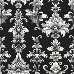 Classic Damask Seamless Pattern with Intricate Floral and Scroll Motifs

