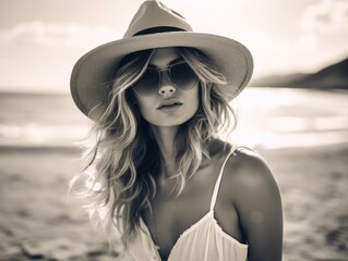 A woman with long blonde hair and sunglasses is standing on a beach. She is wearing a white dress and a straw hat