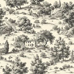 Vintage French Provence Toile de Jouy Seamless Pattern with Countryside Scenes

