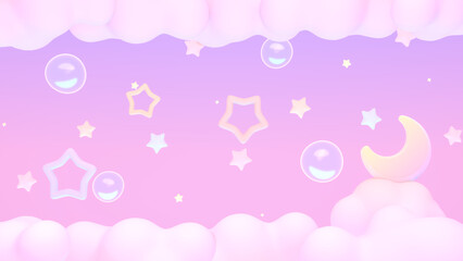 3d rendered cartoon moon, stars, bubbles, and clouds sky.