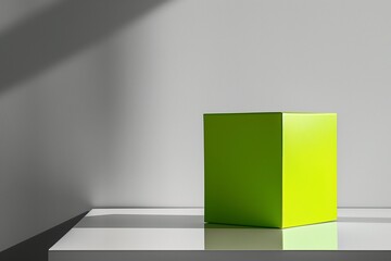 A neon green box placed on a stark white glossy surface, the vivid color popping against the...