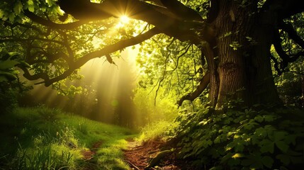 Sunlight filters through a serene forest canopy, illuminating a peaceful path, creating a tranquil woodland scene of natural beauty.