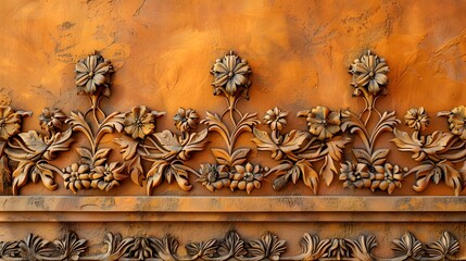 A wall with orange background and carved floral patterns along the edges, adding depth to your design.
