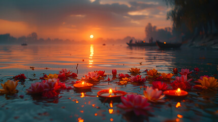  A dawn scene of a calm river with floating diyas, creating a serene and spiritual Diwali morning