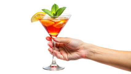 A hand holding a colorful cocktail glass filled with a refreshing drink