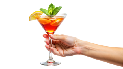 A hand holding a colorful cocktail glass filled with a refreshing drink