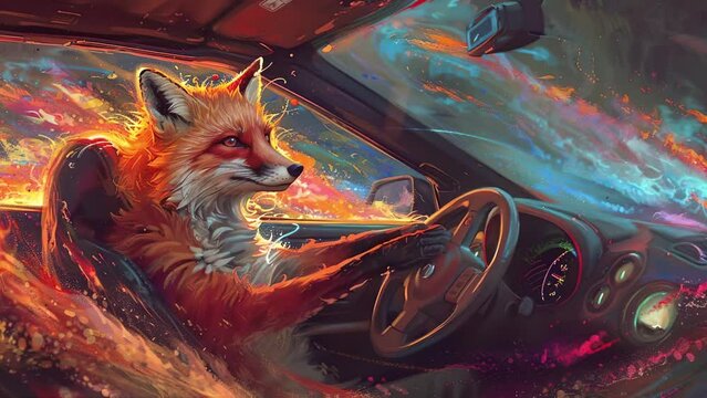 Motion animation of a fox driving a car with colorful smoke around it