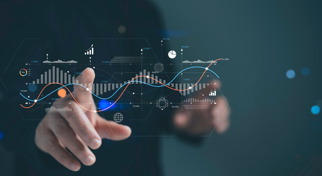 Analyst touch on business analytics dashboard with KPI, charts and metrics to analyze data and create insight reports for executives and strategical decisions. Operations and performance management