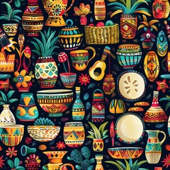 Traditional African Market Seamless Pattern with Baskets, Pottery, Textiles, and Drums

