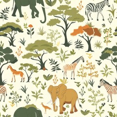 Safari Theme Seamless Pattern with African Wildlife

