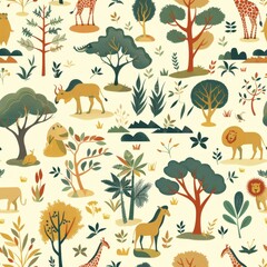 Safari Theme Seamless Pattern with African Wildlife

