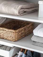 Fototapeta premium A white shelf with a basket of clothes on it